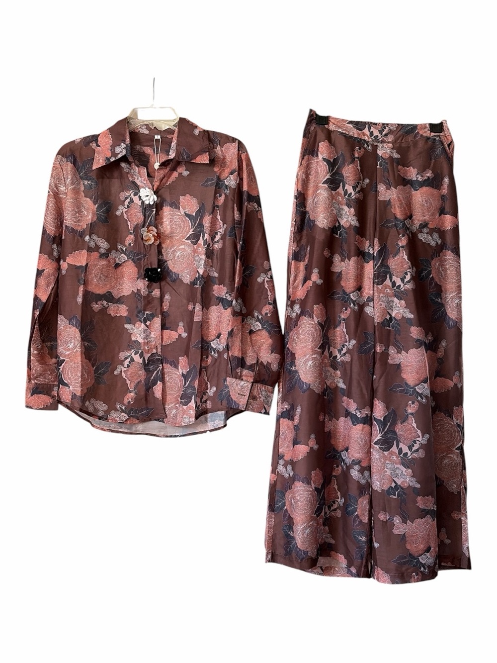Retro floral  semi sheer beaded snap two piece set